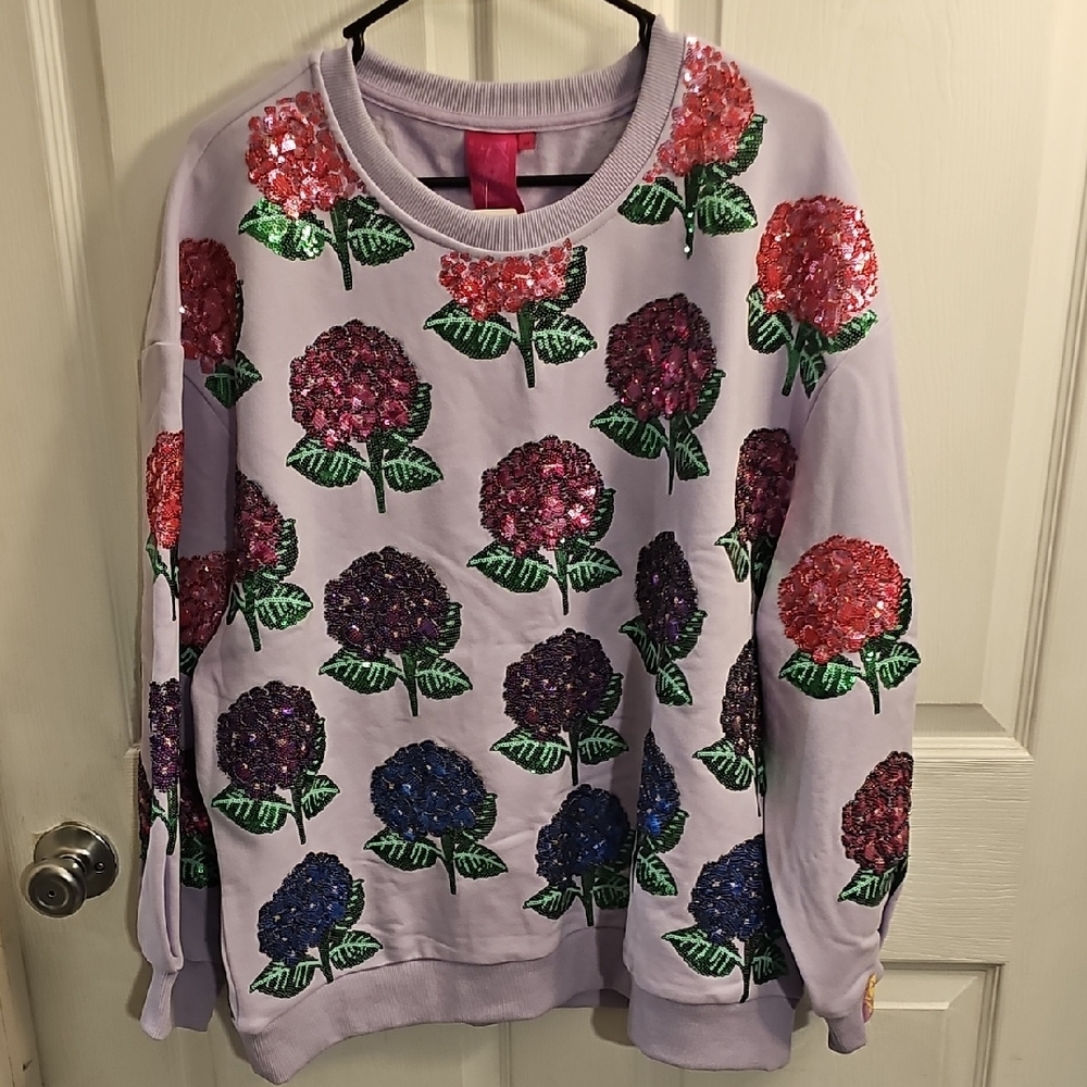 QUEEN OF SPARKLES Lavender Floral Sequin Sweater